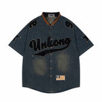 Distressed letter embroidered short-sleeved shirt