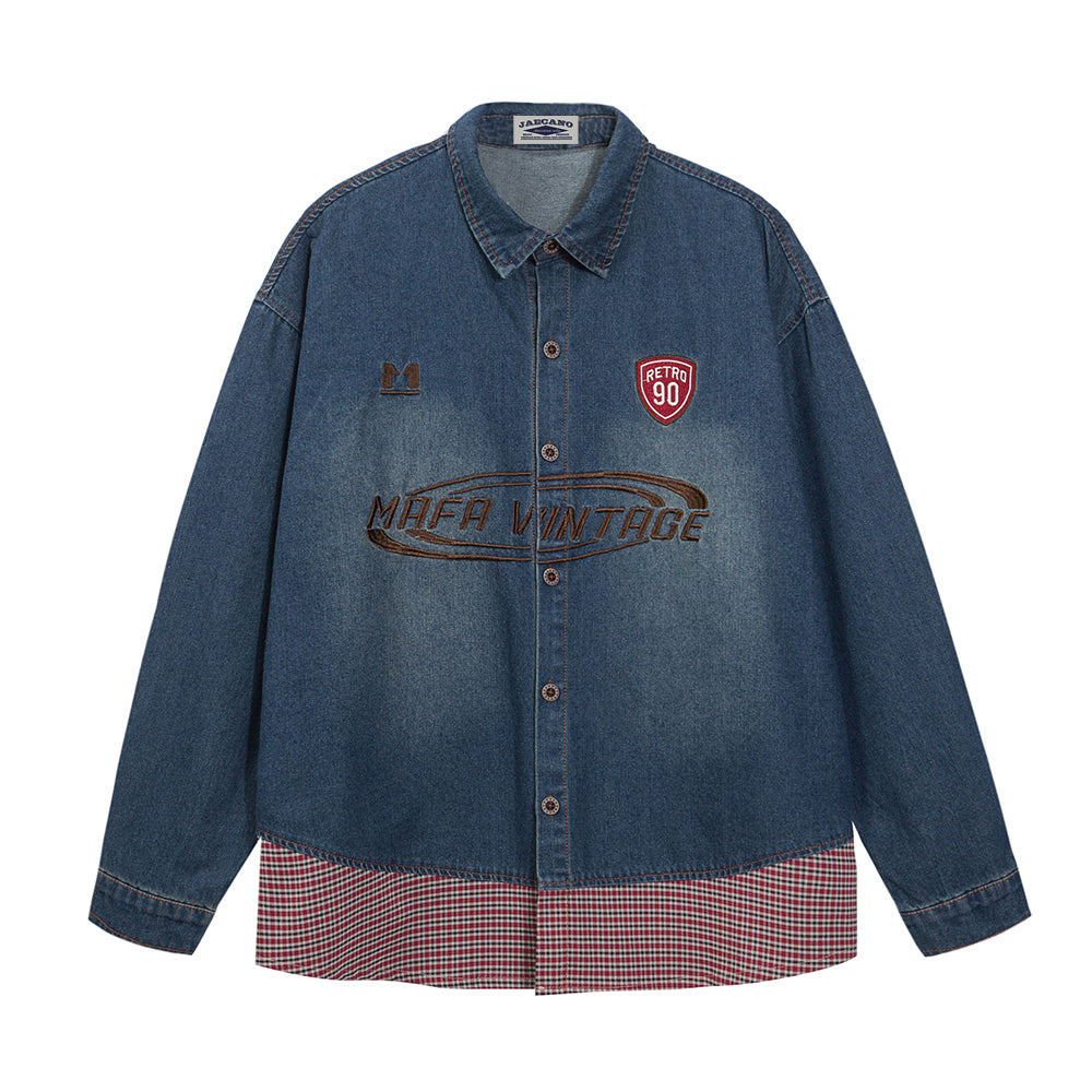 Spliced fake two piece denim shirt