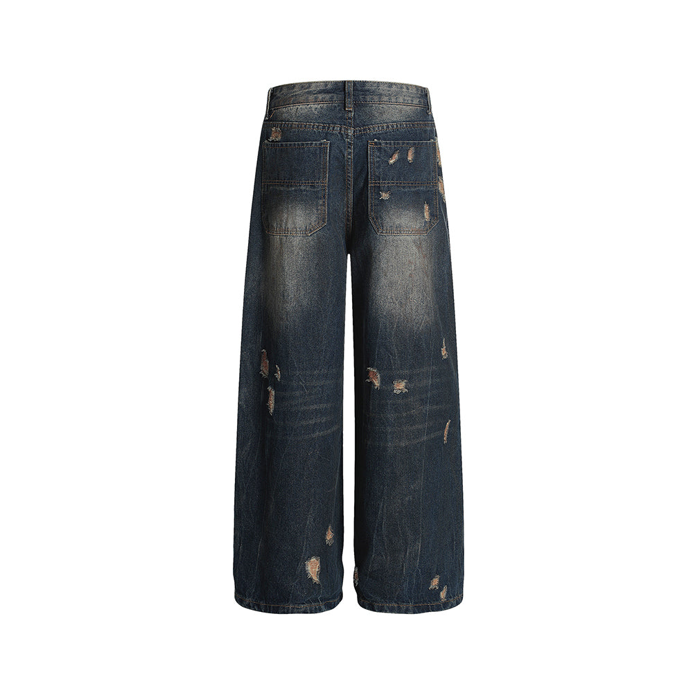 Washed distressed denim trousers