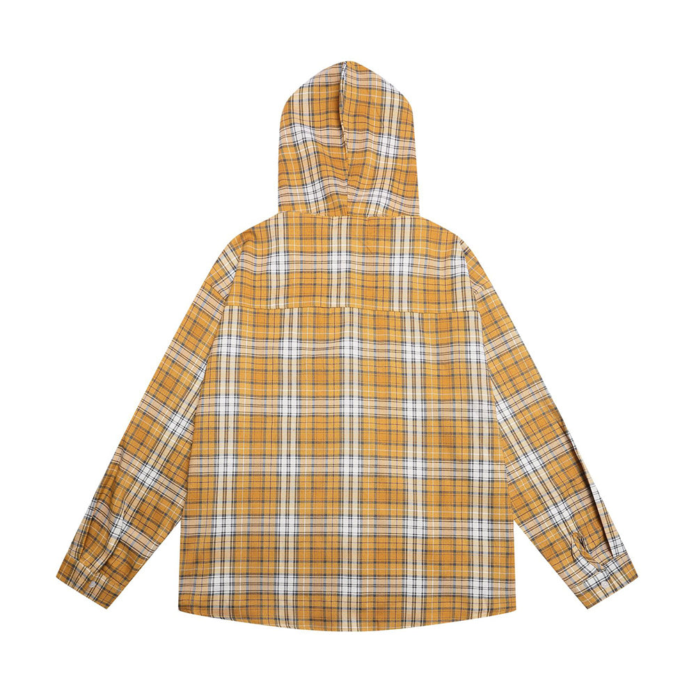 做舊撞色格子連帽襯衫