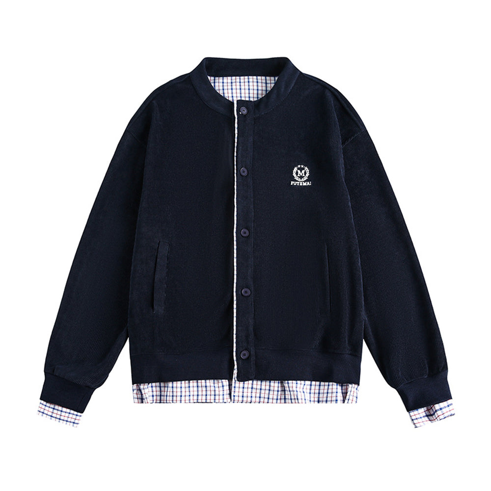 復古格子拼接假兩件開衫