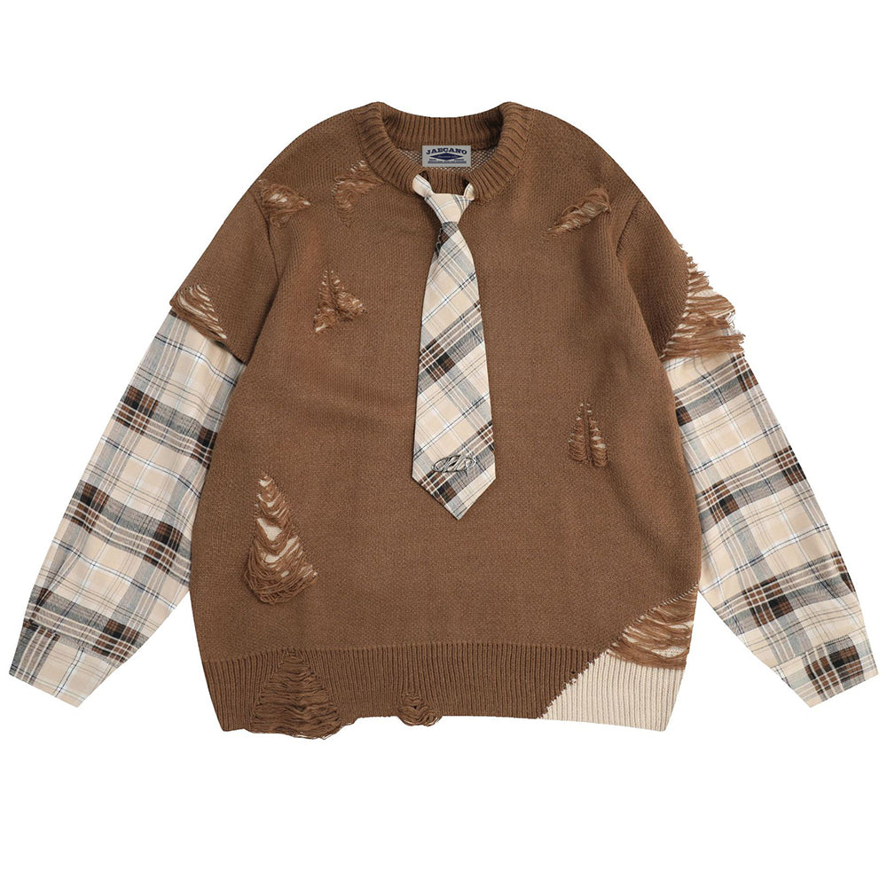 Retro patchwork fake two-piece knitted sweater