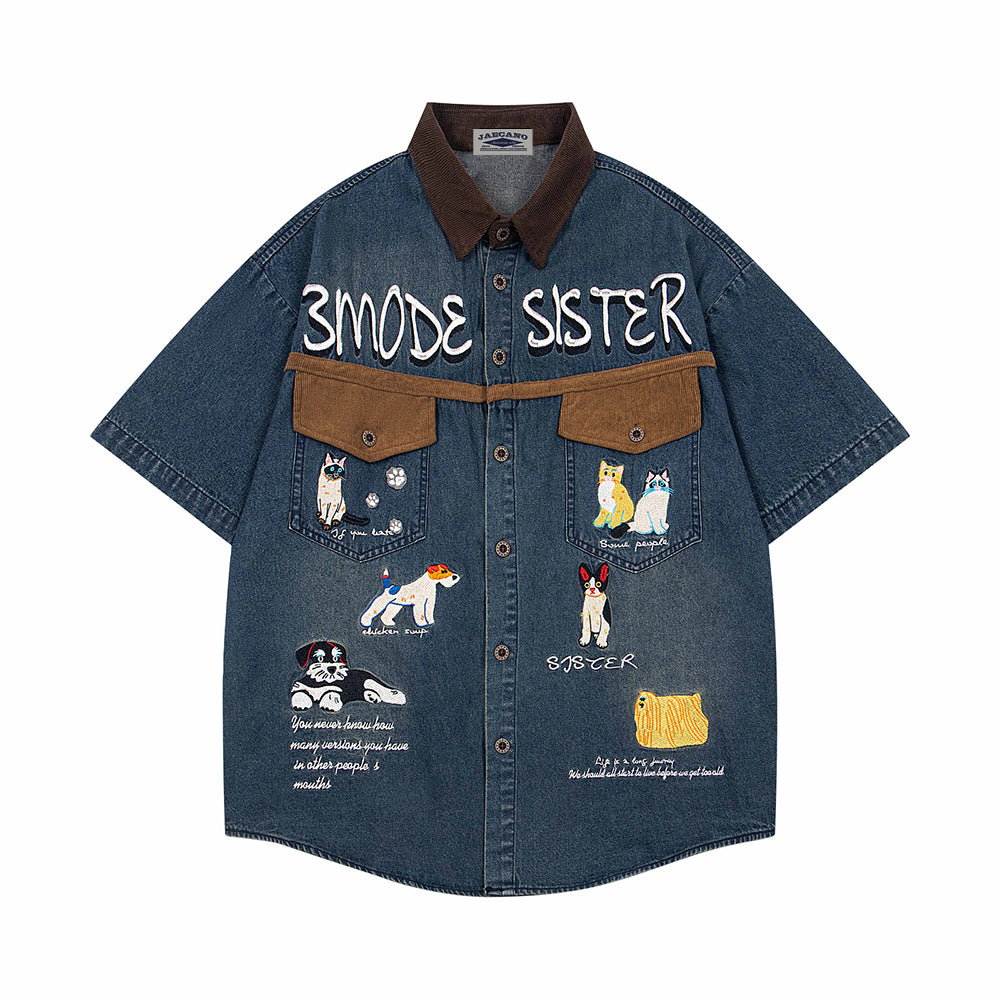 Retro contrast color cartoon short sleeve shirt