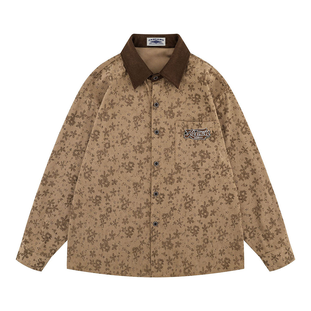 Retro contrast embroidered corduroy shirt