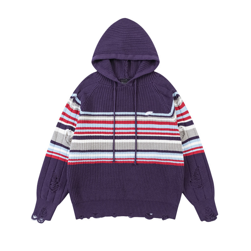 復古撞色條紋連帽衛衣