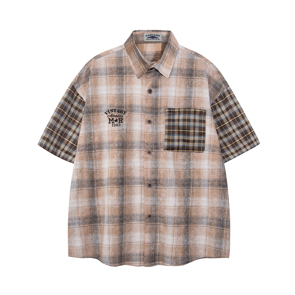 Retro colorblock plaid short-sleeved shirt