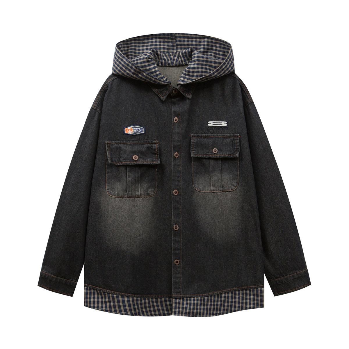 復古格子拼接假兩件牛仔外套