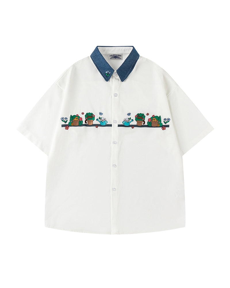 Contrast color stitching cute short sleeve shirt