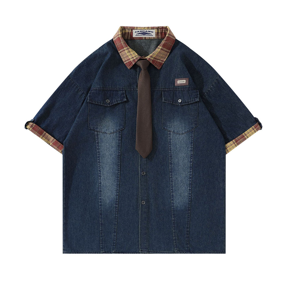 American retro gradient denim tie shirt