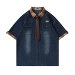 American retro gradient denim tie shirt