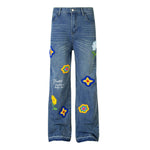Retro creative embroidered straight denim trousers