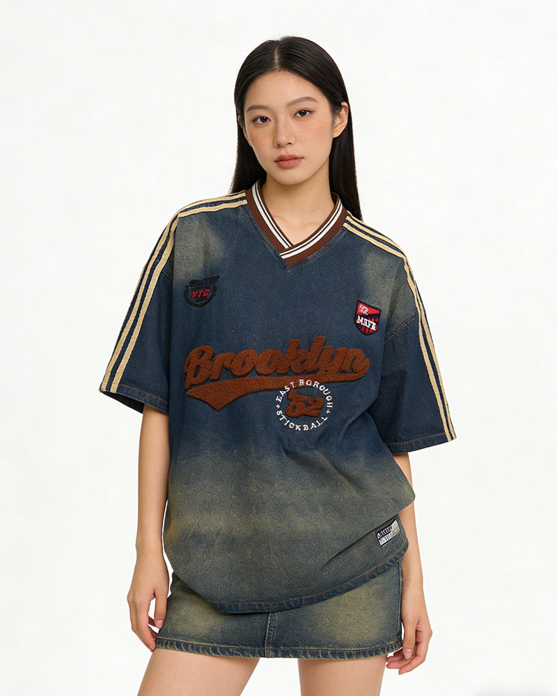 워시드 자수 데님 반팔