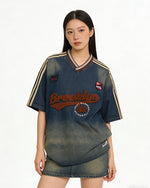 워시드 자수 데님 반팔