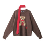 Bear-patterned loose-fitting knit sweater