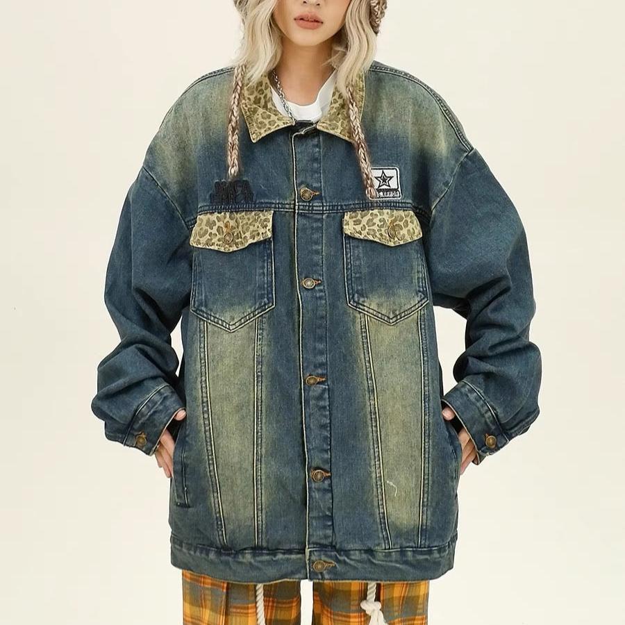 Retro patchwork lapel denim jacket