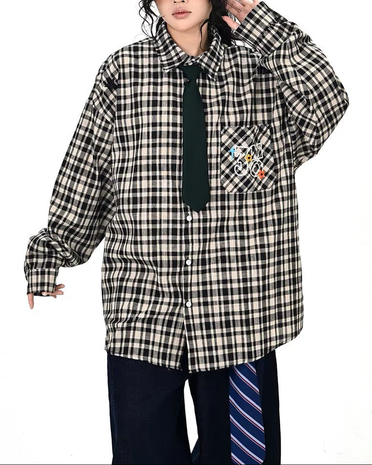 Retro casual plaid long-sleeved shirt