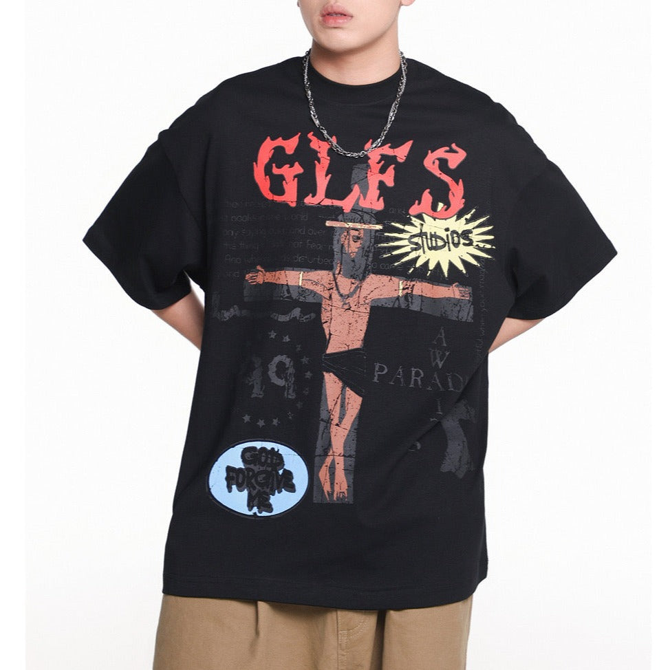 American retro cross print short sleeves