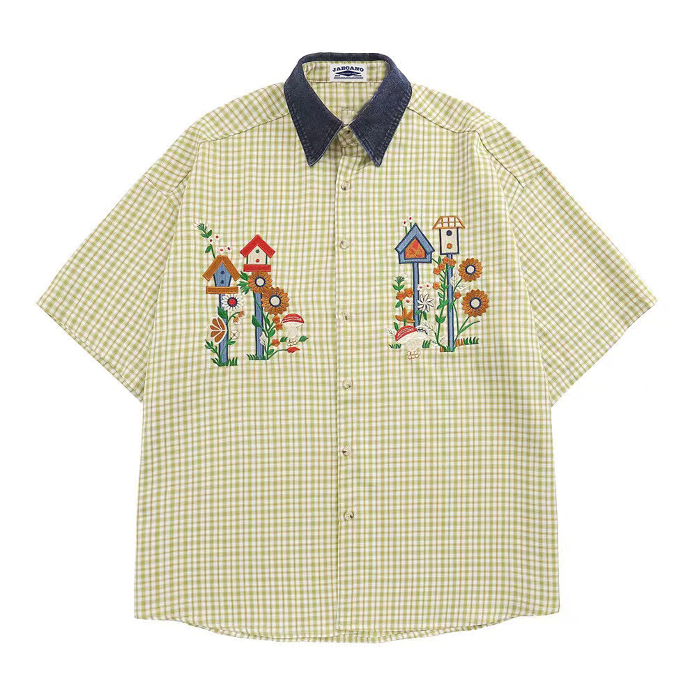 Colorful floral embroidered short-sleeved shirt