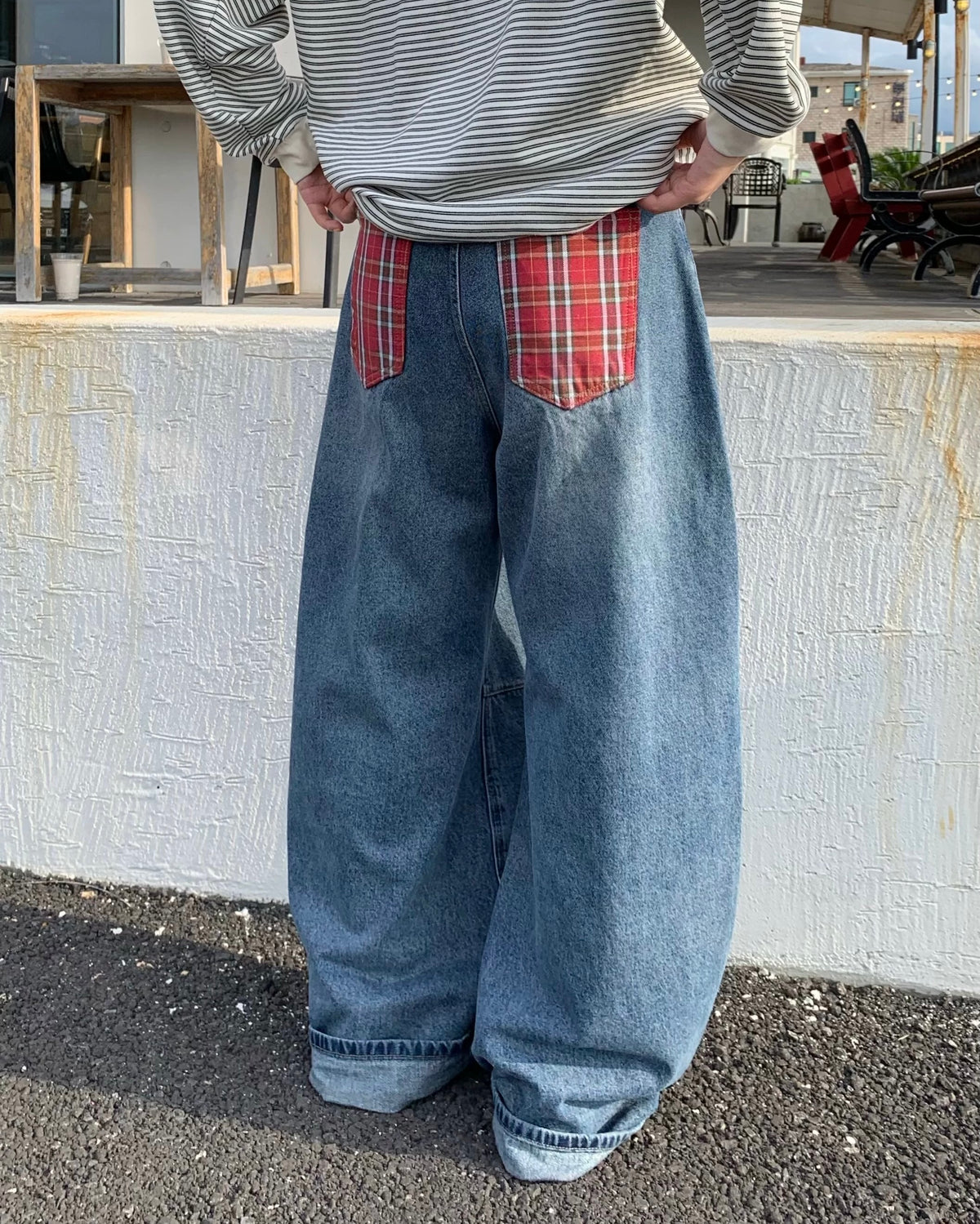 Retro patchwork denim trousers