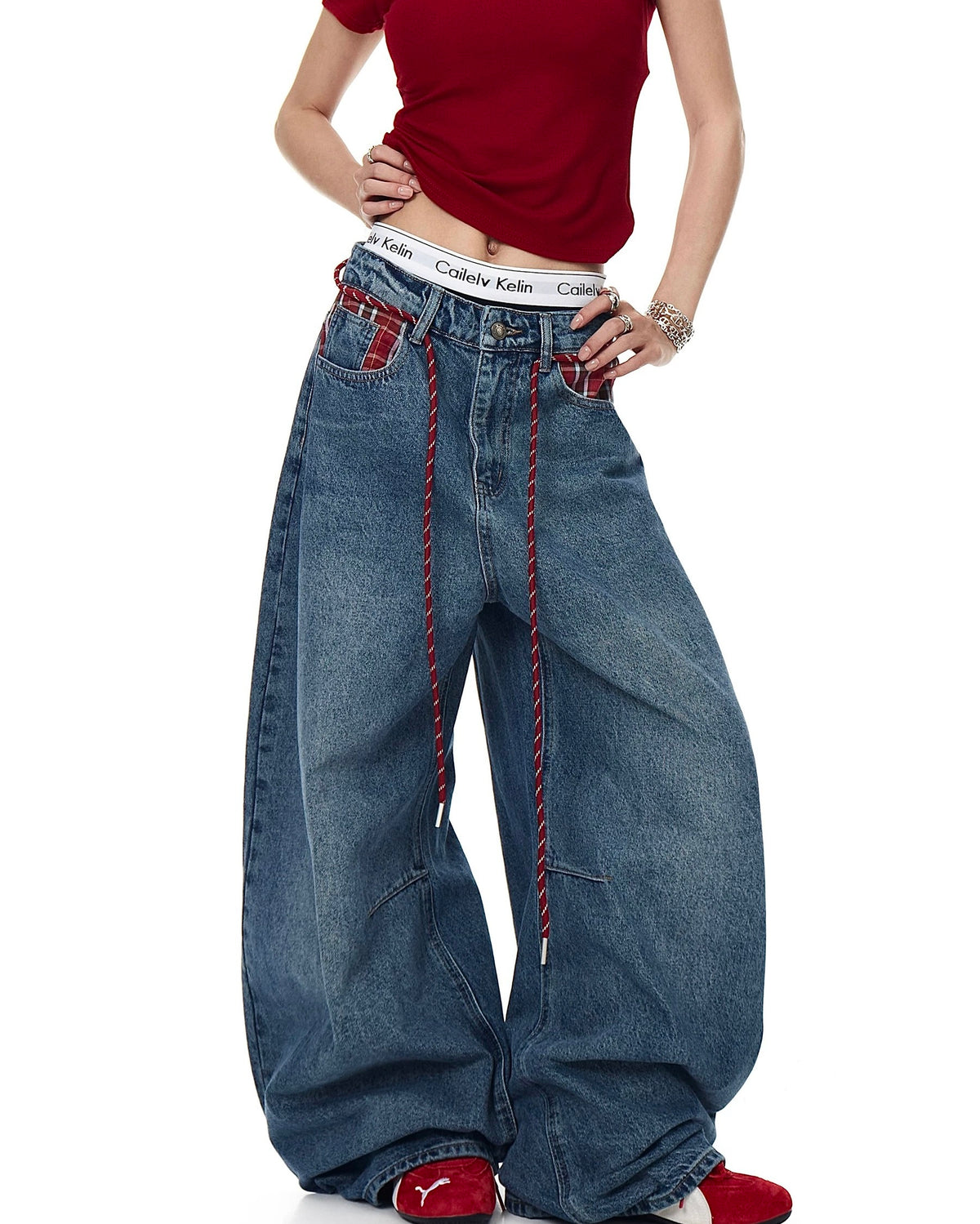 Retro patchwork denim trousers