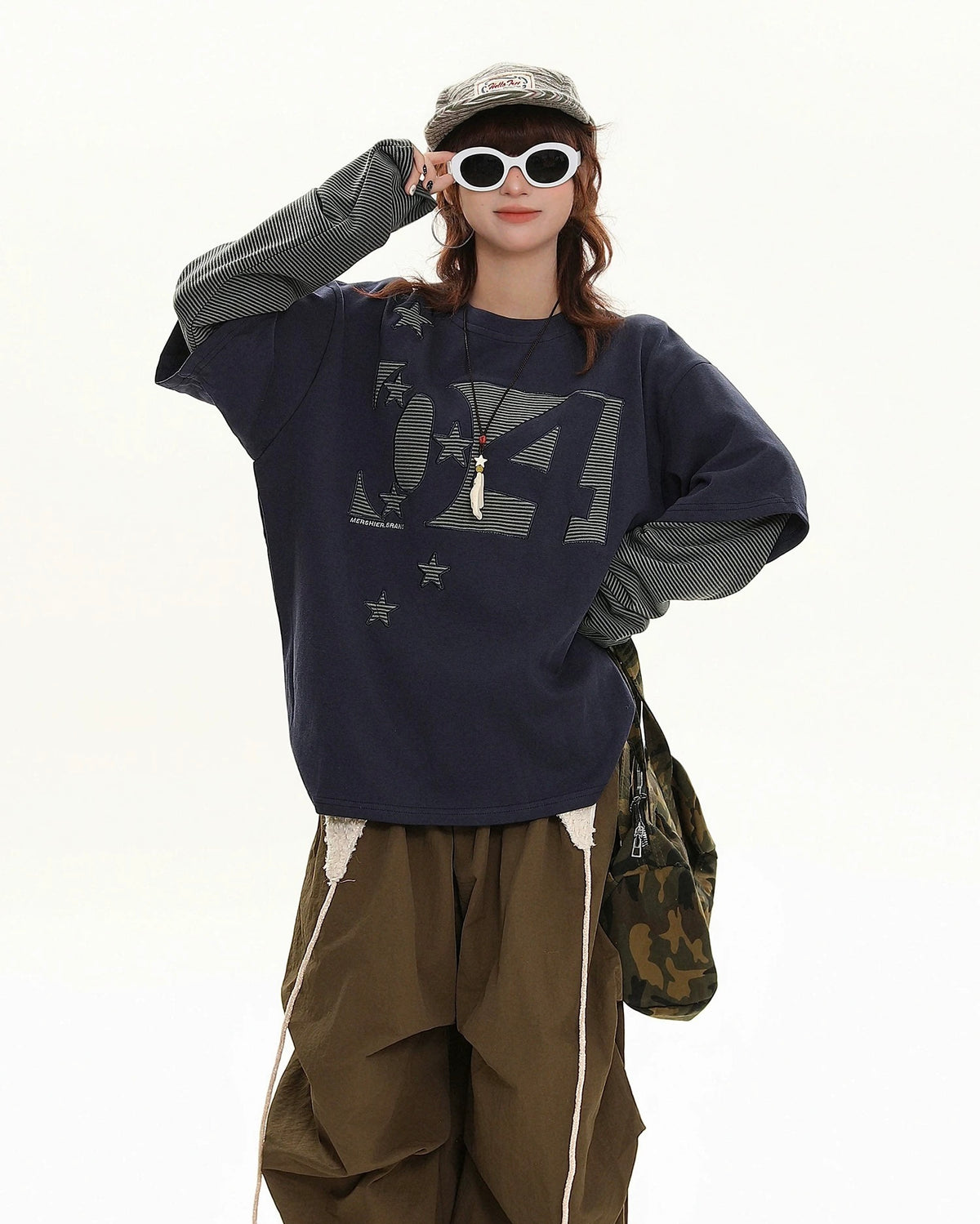 Striped patchwork fake two-piece long sleeves