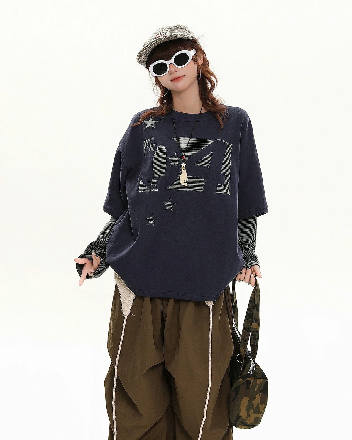 Striped patchwork fake two-piece long sleeves