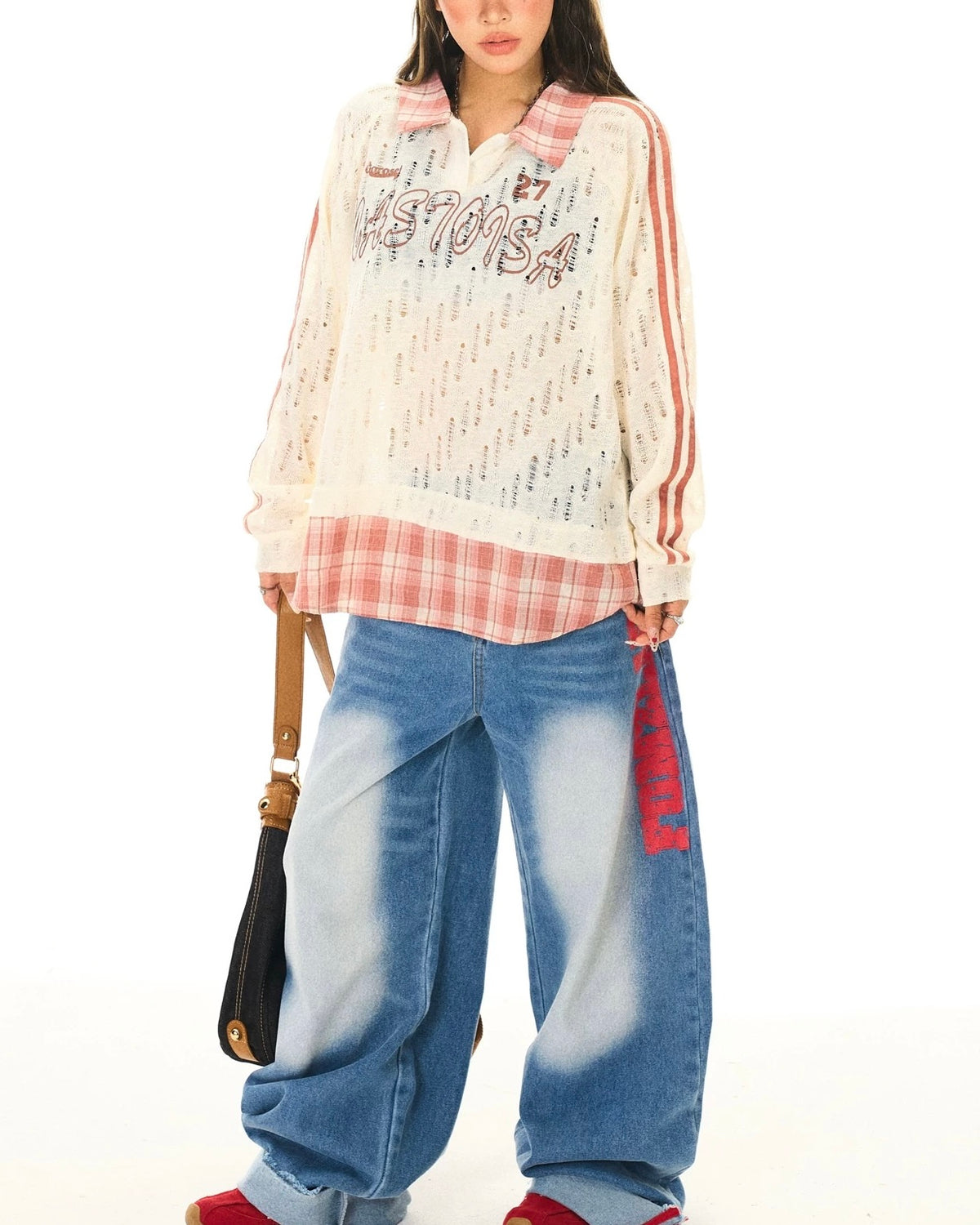 paneled plaid knitted sweater