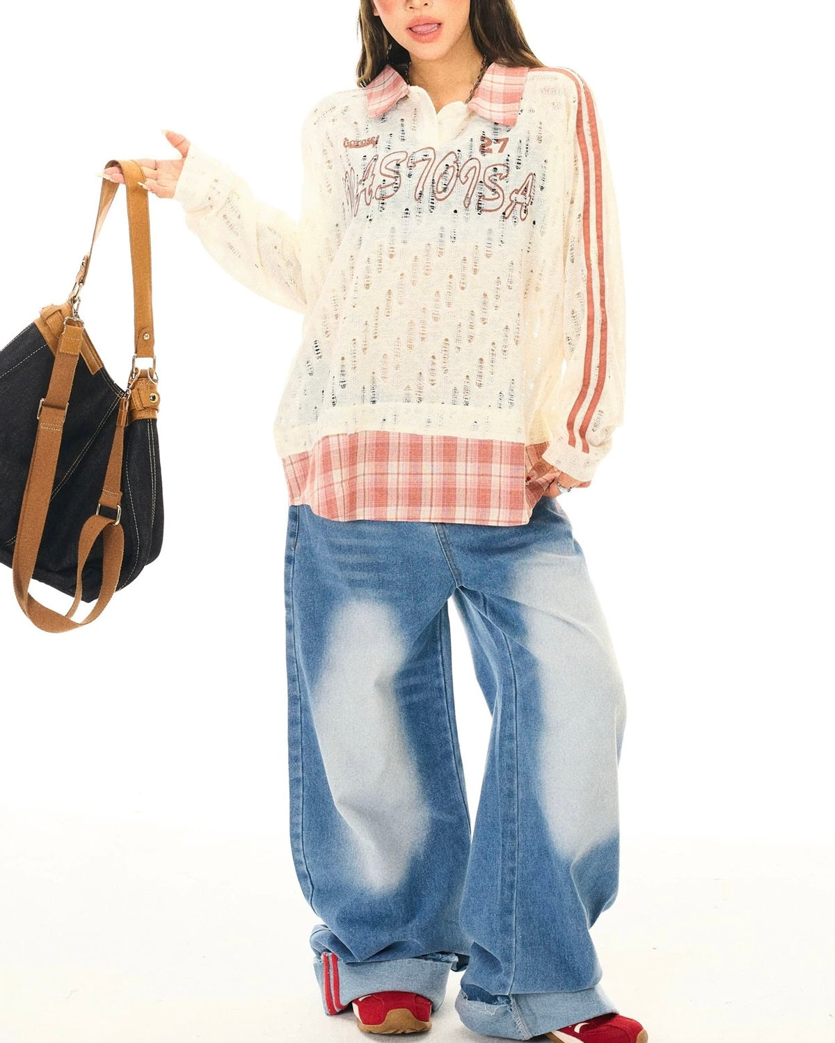 paneled plaid knitted sweater