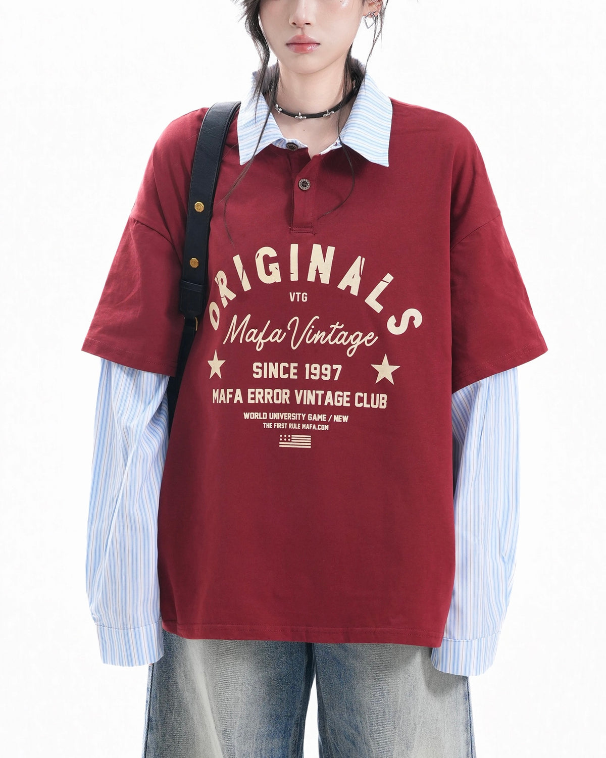 Retro patchwork fake two-piece long sleeves