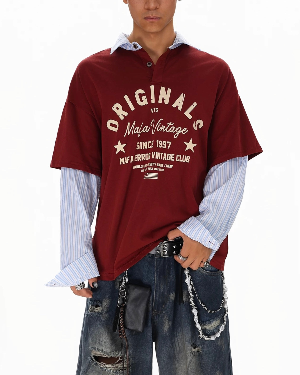 Retro patchwork fake two-piece long sleeves