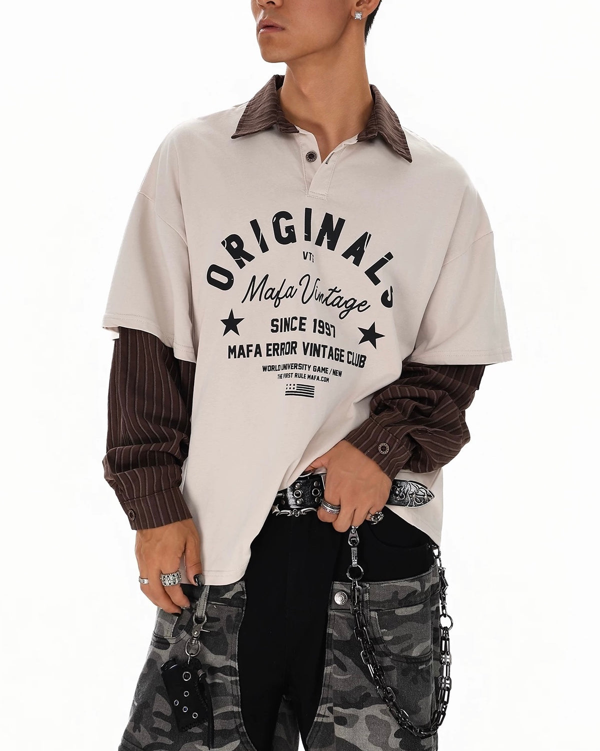 Retro patchwork fake two-piece long sleeves