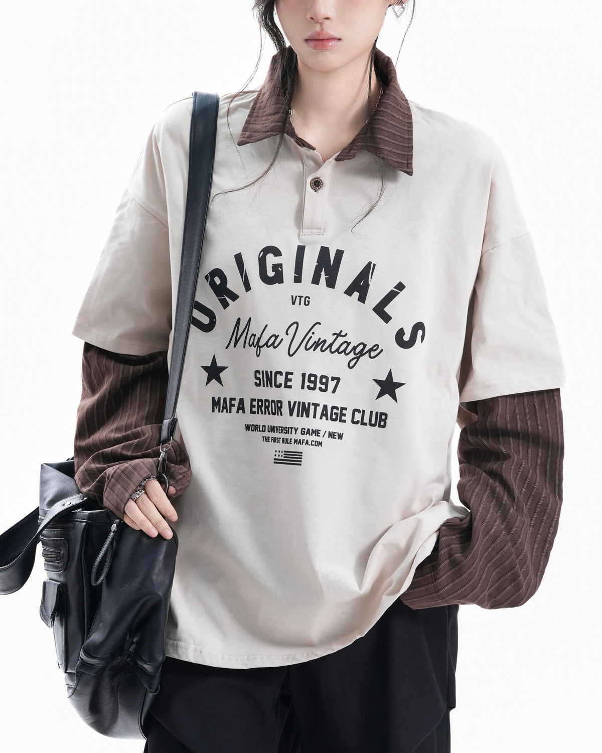 Retro patchwork fake two-piece long sleeves