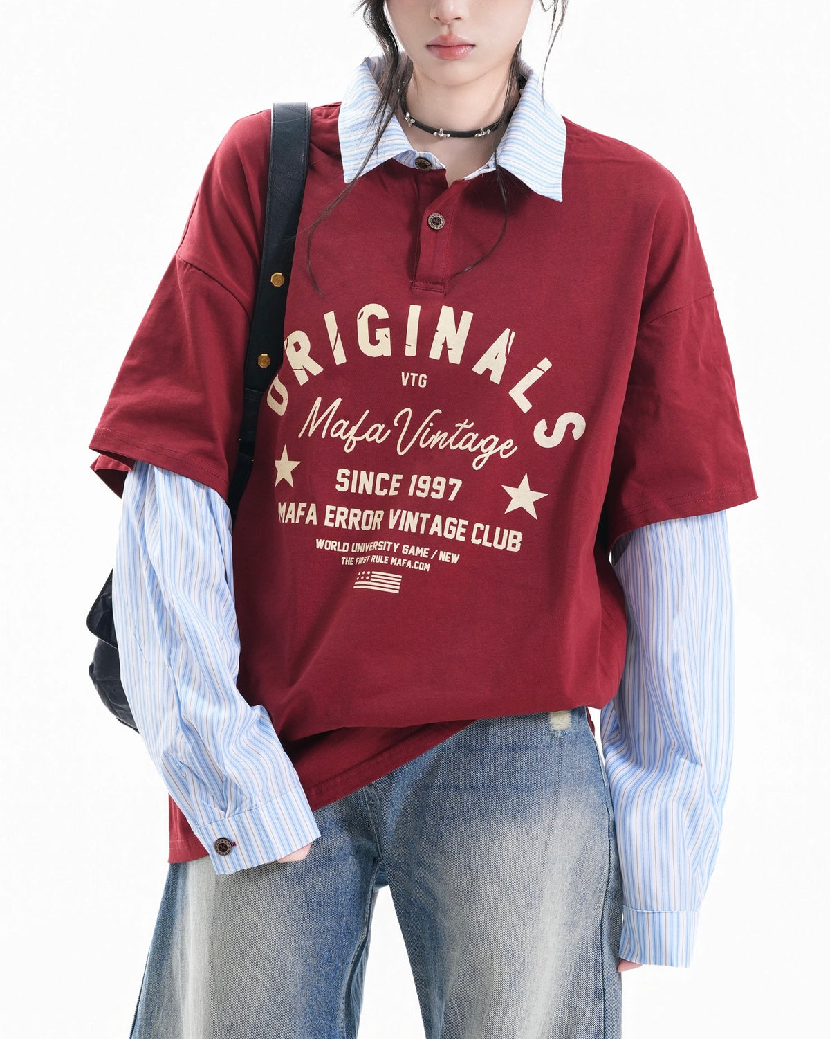 Retro patchwork fake two-piece long sleeves