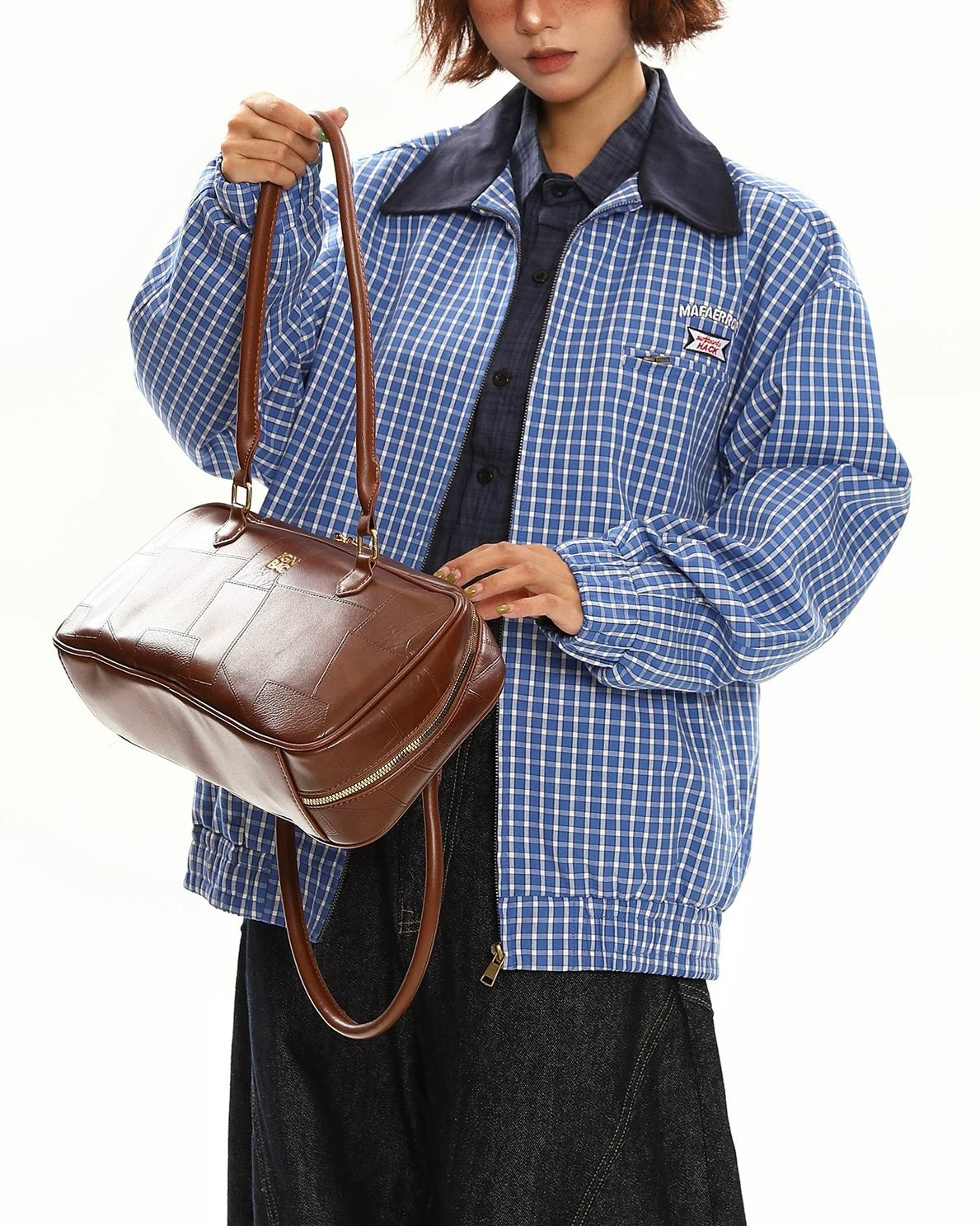 撞色拼接格子外套