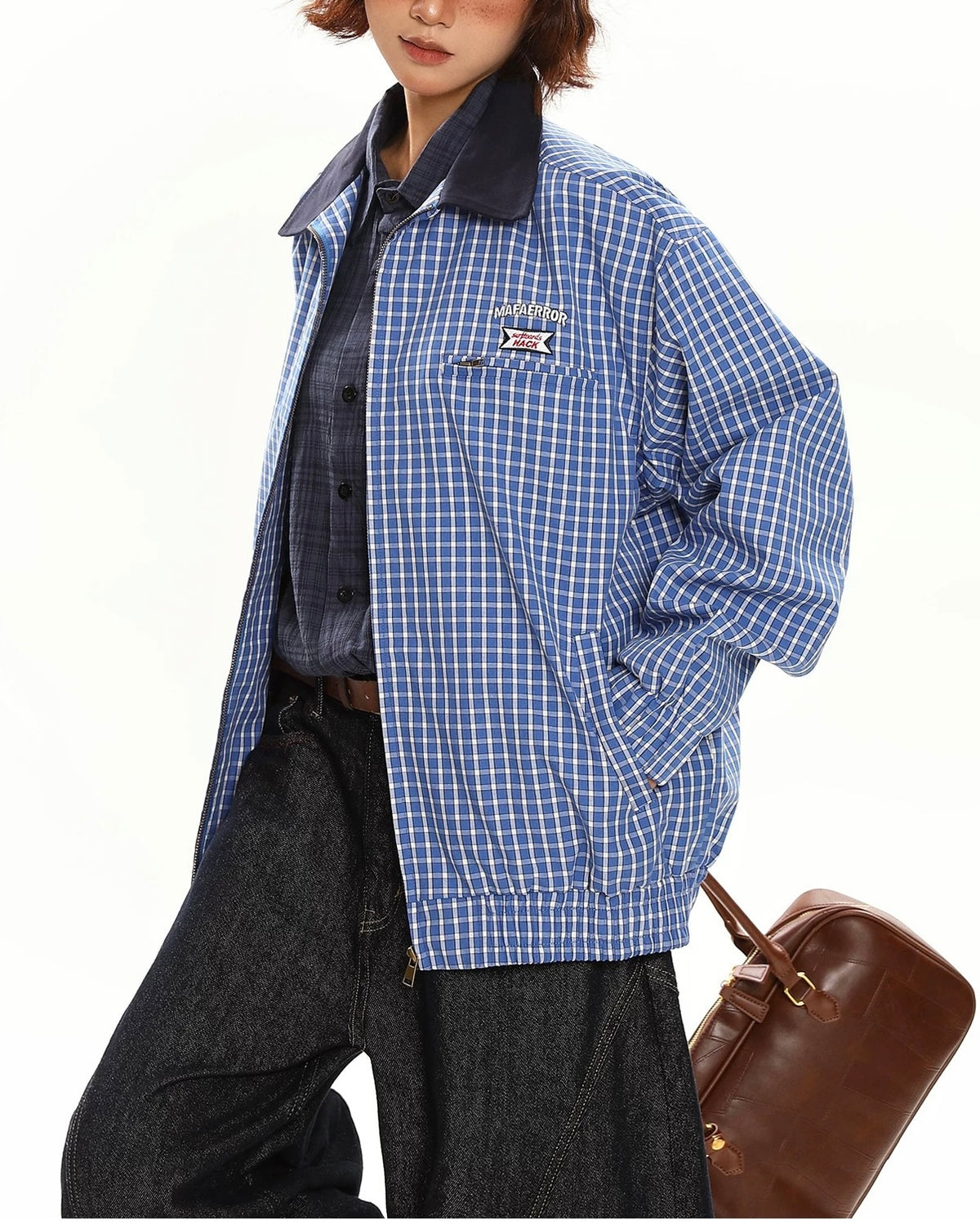 撞色拼接格子外套