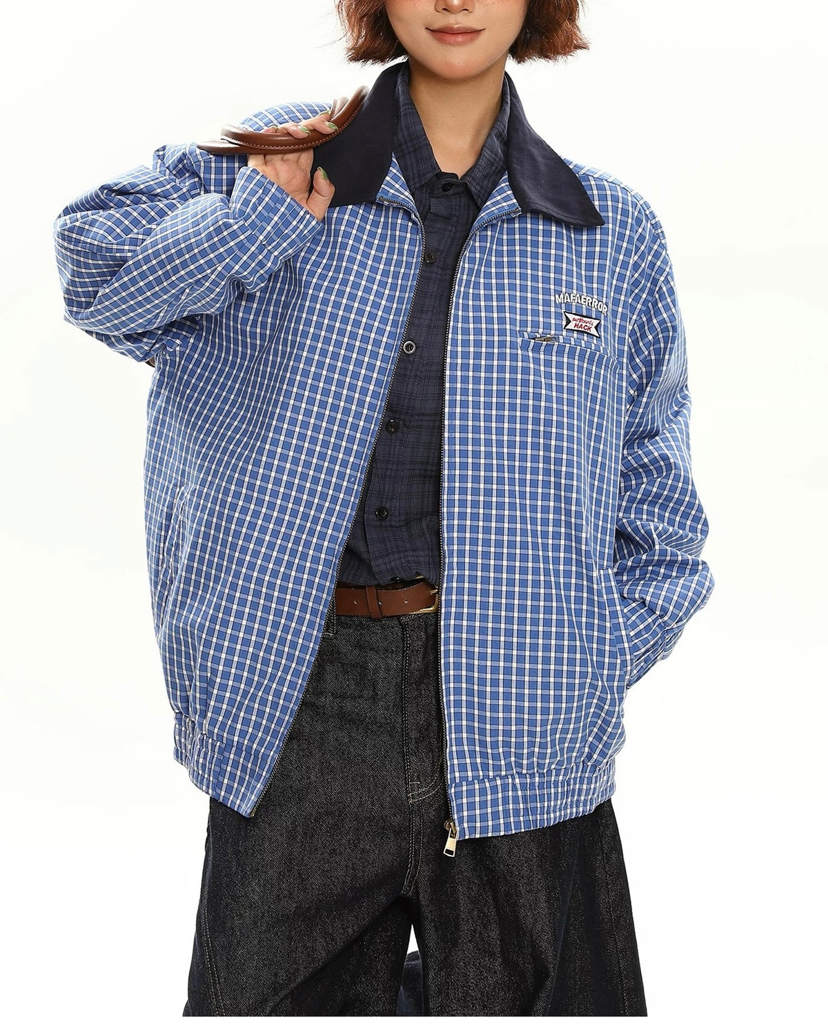 撞色拼接格子外套