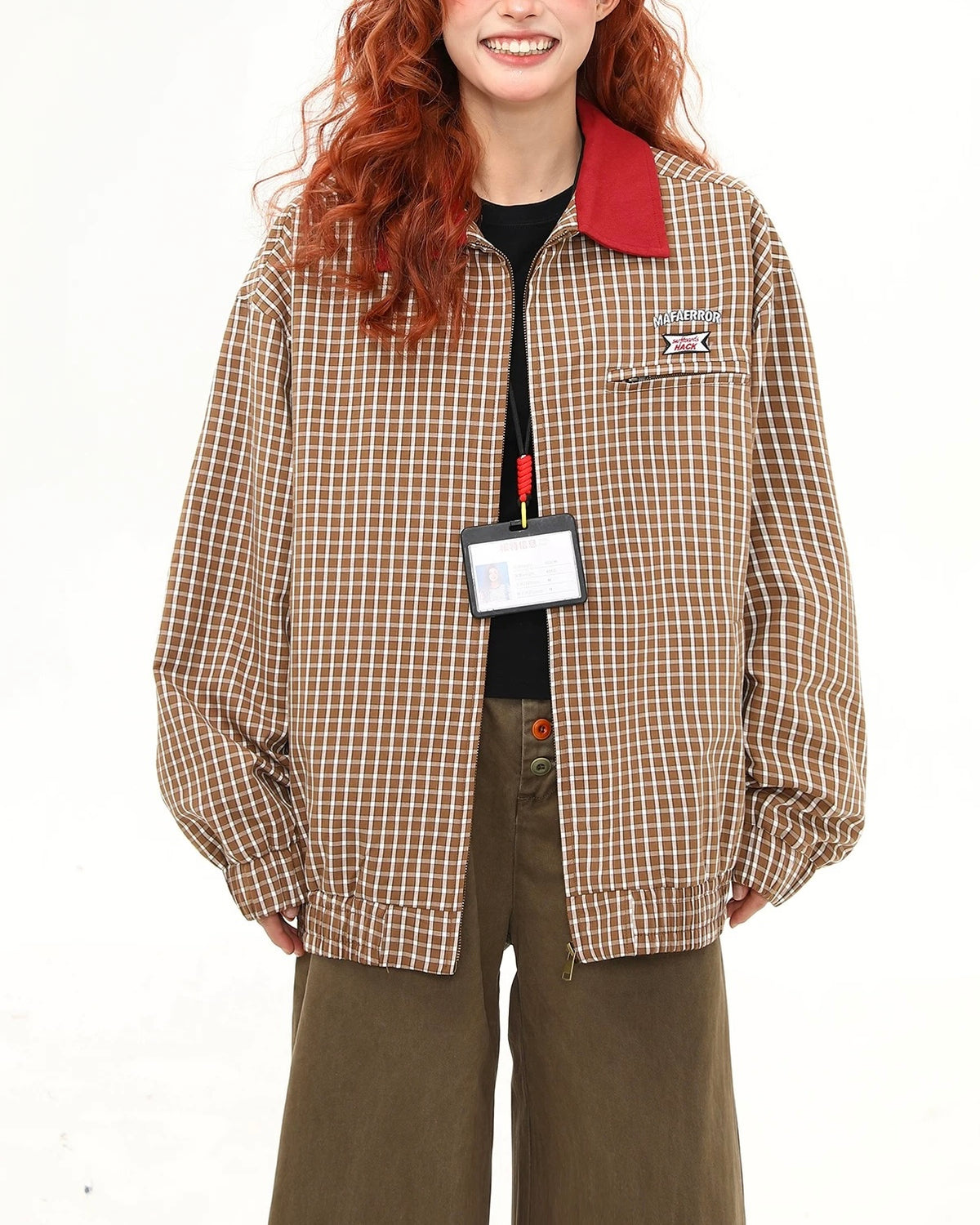 撞色拼接格子外套