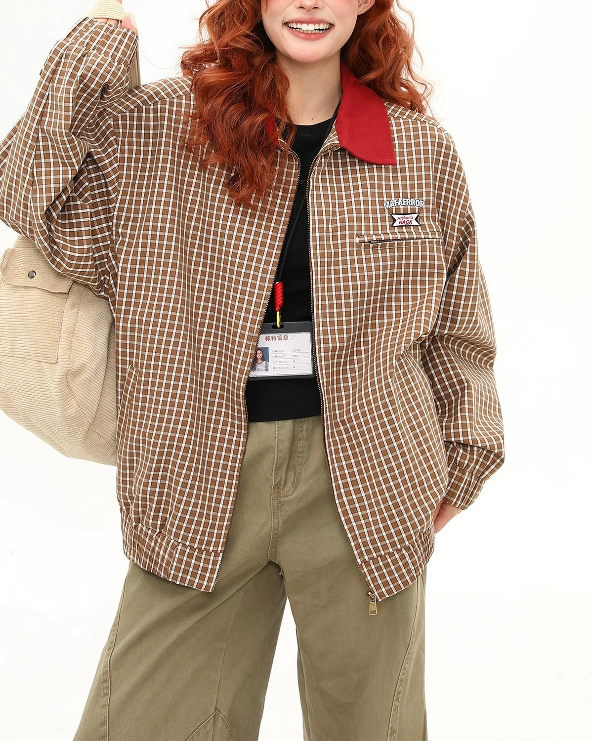 撞色拼接格子外套