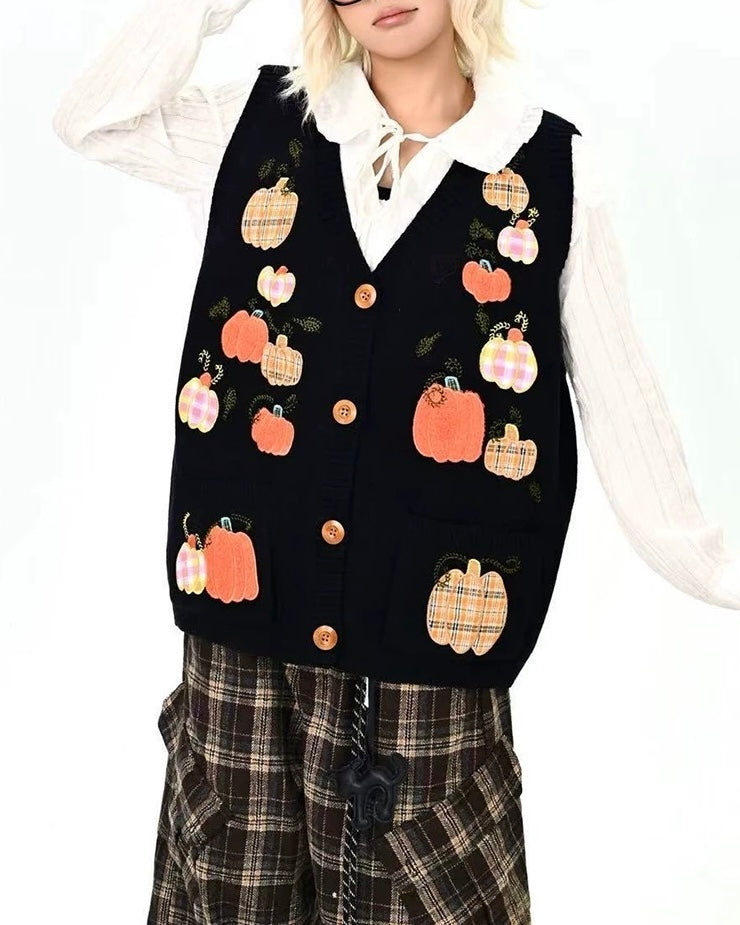 재밌는 작은 호박 자수 스웨터