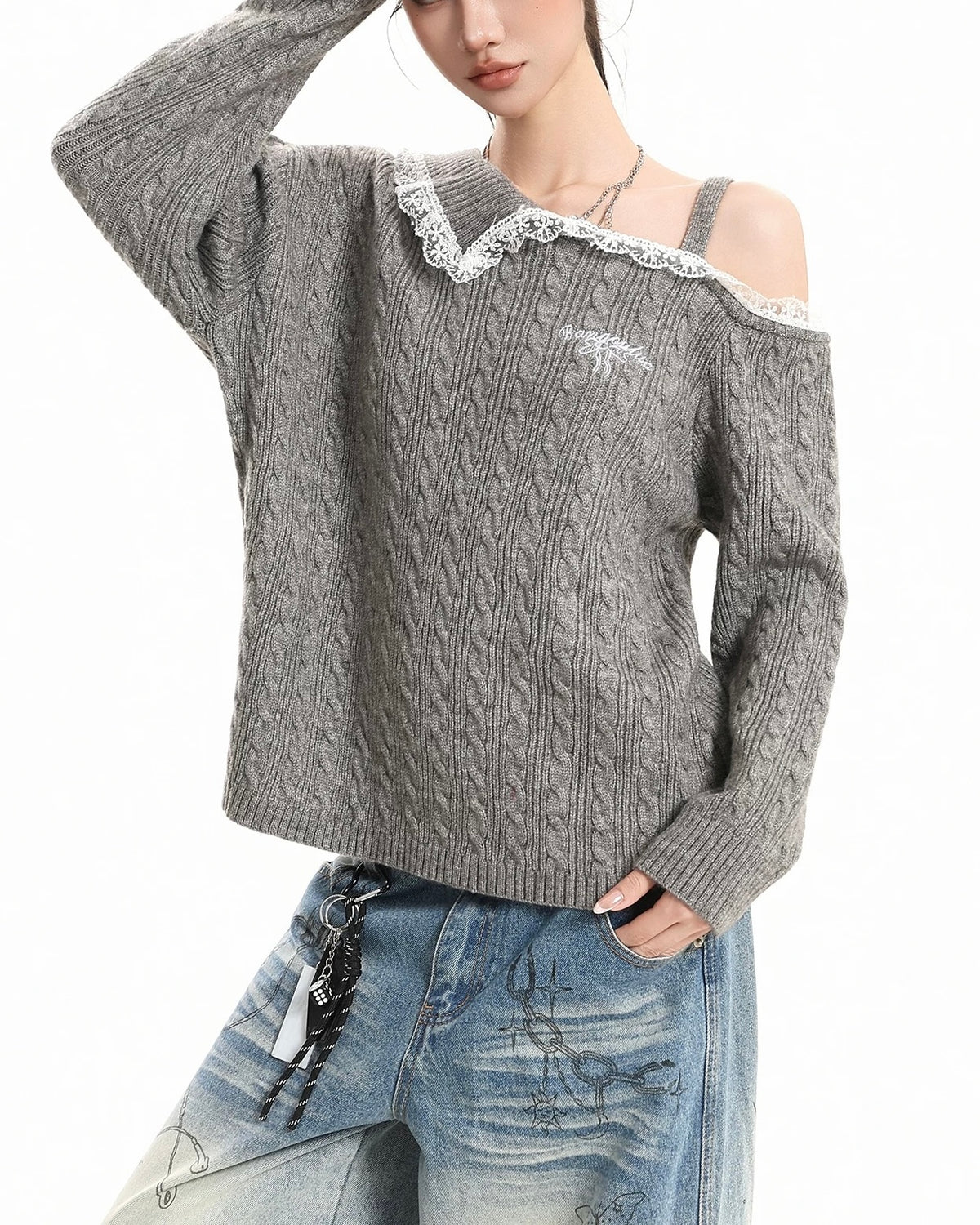 레이스 패널 니트 스웨터(여성용)