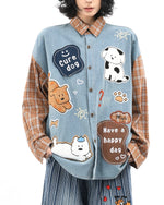 패치워크 강아지 자수 긴팔 셔츠