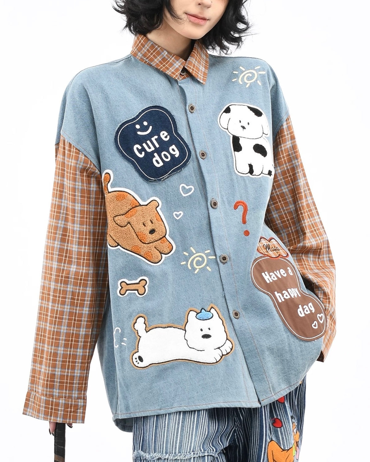 패치워크 강아지 자수 긴팔 셔츠