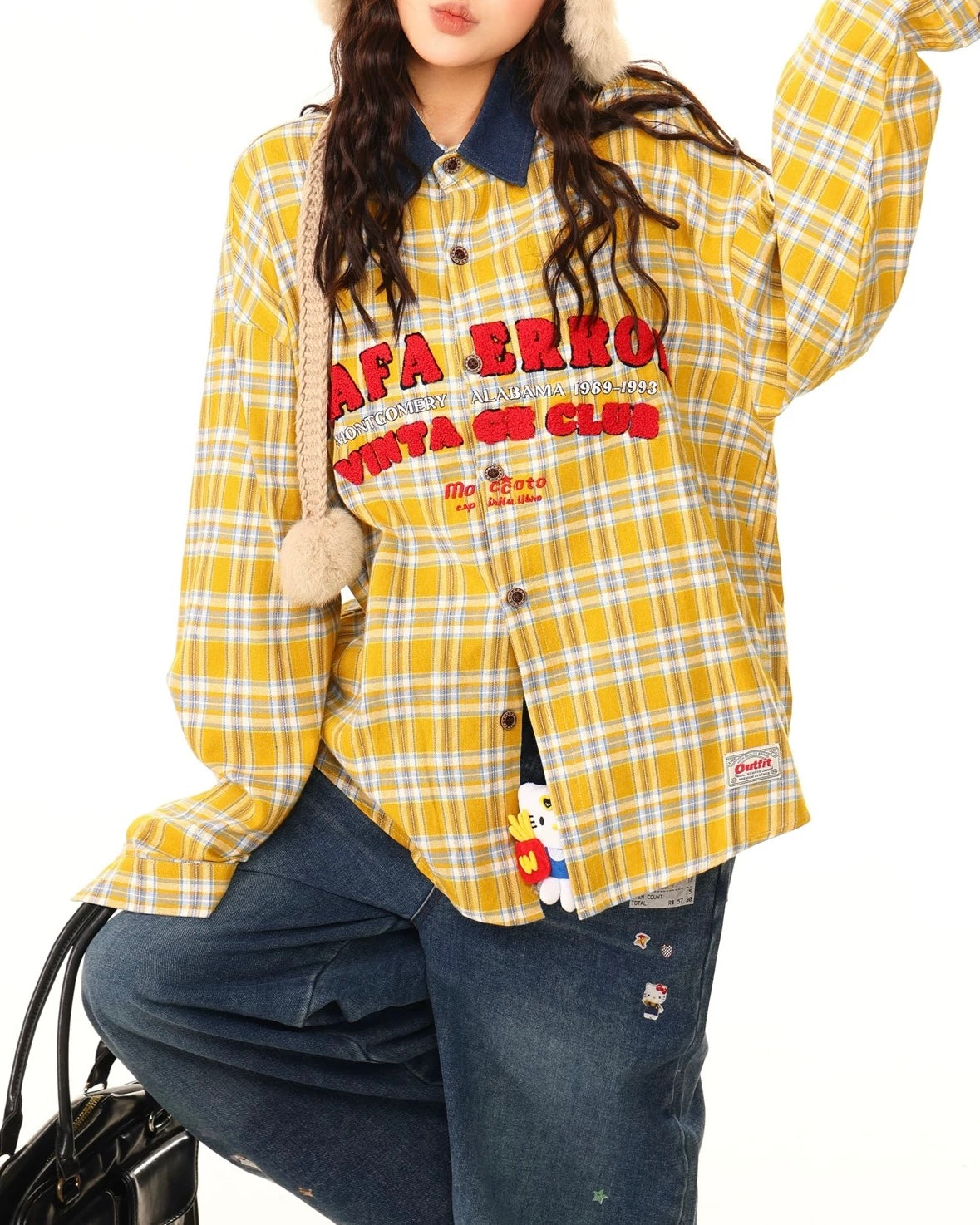 컬러블록 플레드 자수 셔츠