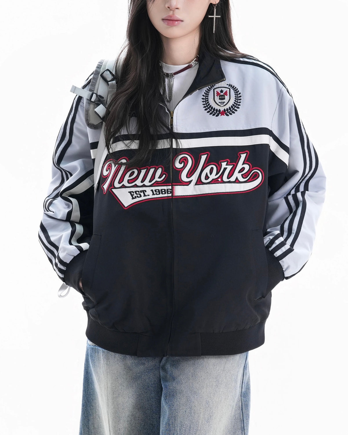 Embroidered stand-up collar coat