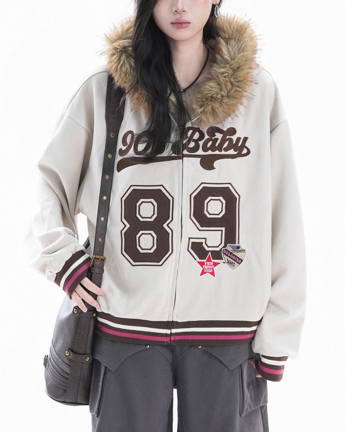 Retro letter embroidered hooded jacket