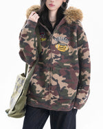 camouflage hooded knit cardigan with fur collar