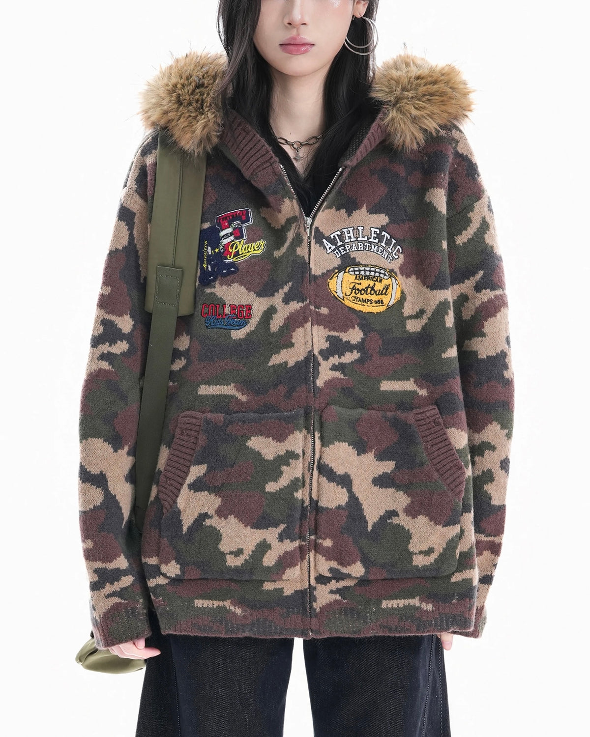 camouflage hooded knit cardigan with fur collar