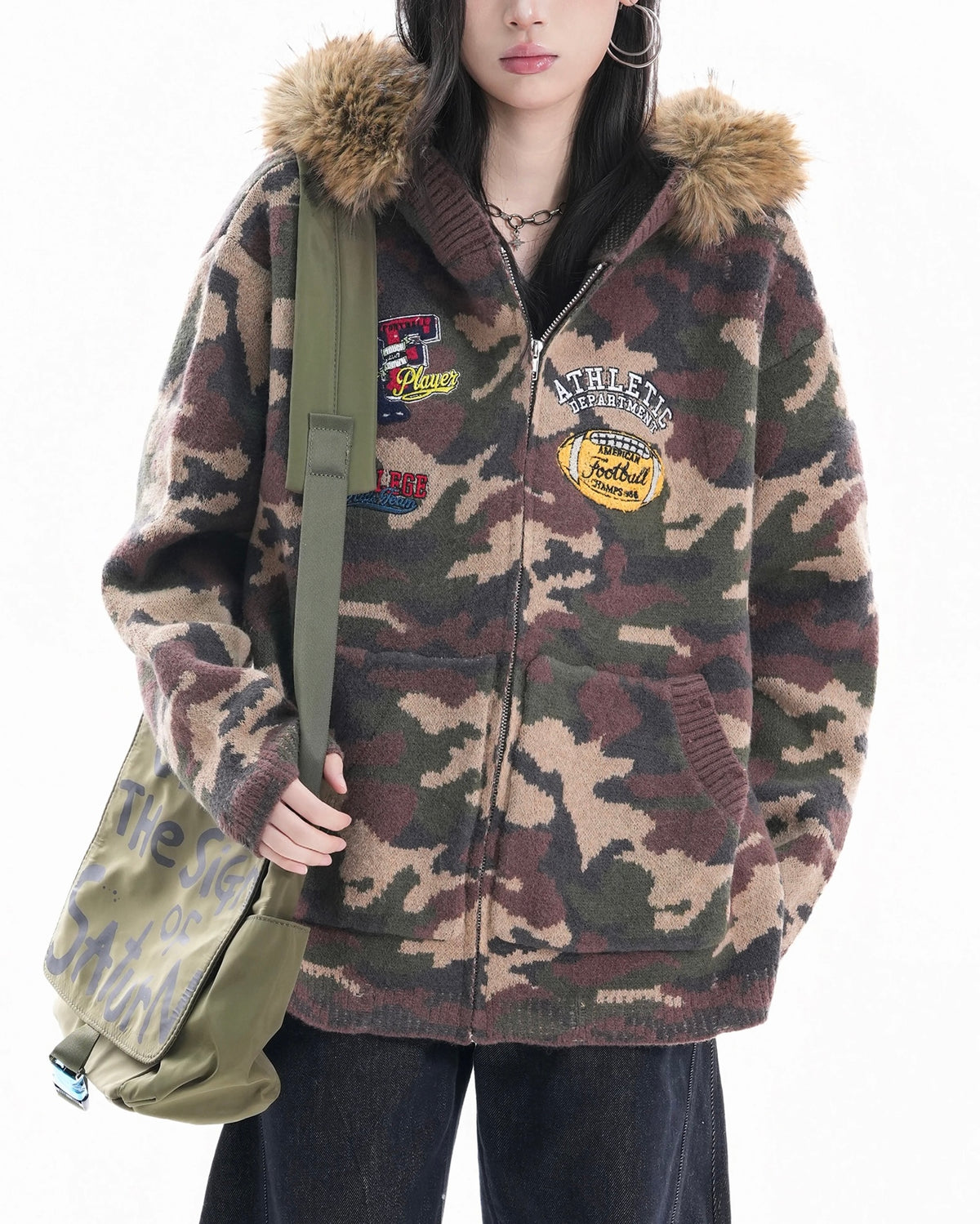 camouflage hooded knit cardigan with fur collar