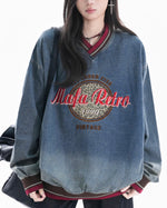 Color-blocked leopard print denim sweatshirt