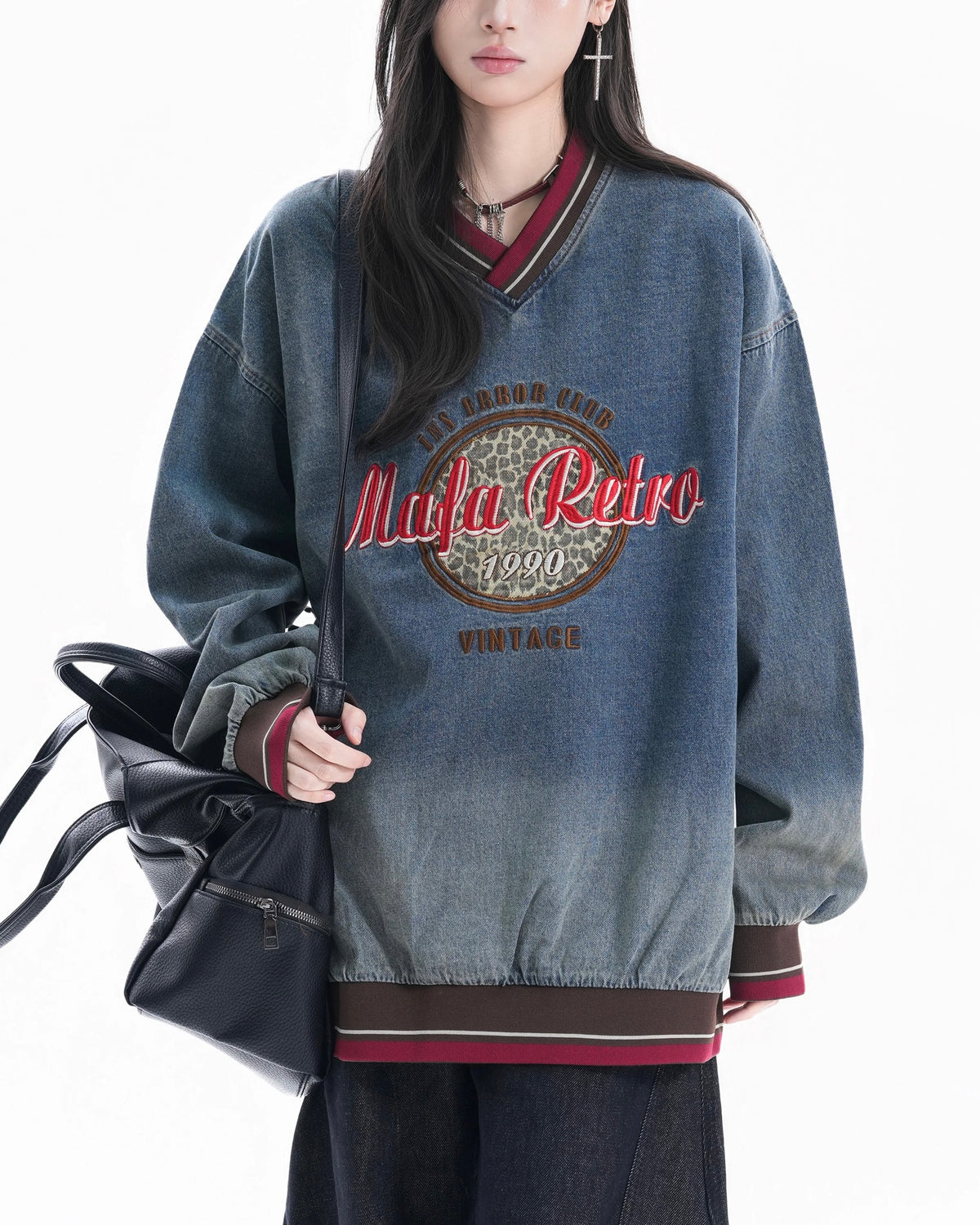 Color-blocked leopard print denim sweatshirt